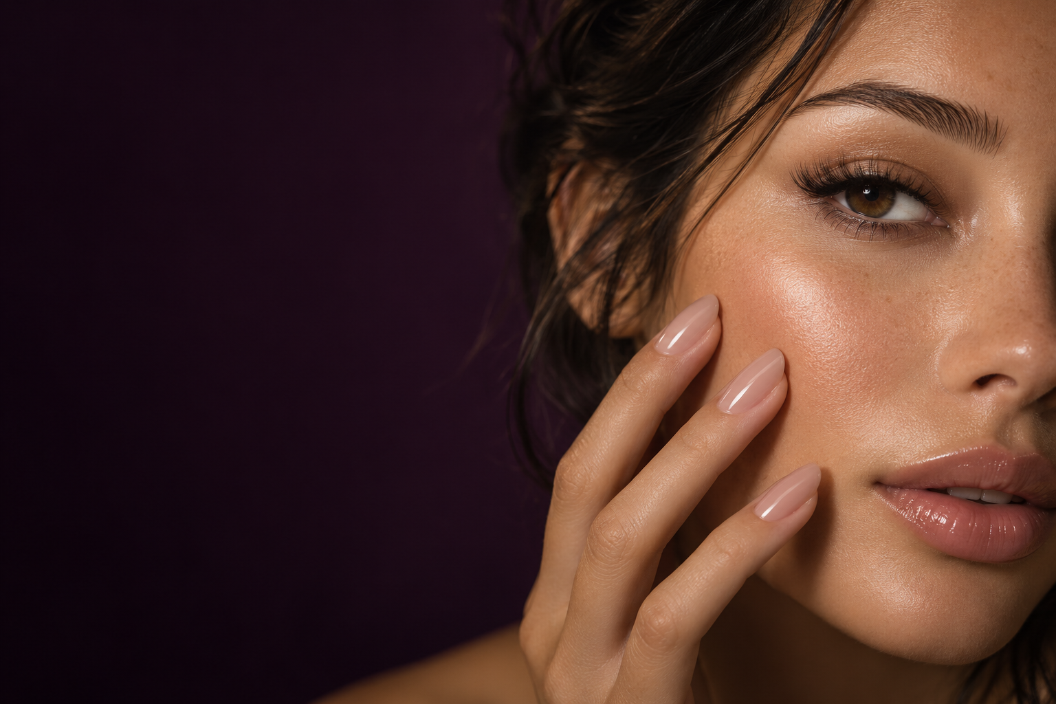 Editorial beauty portrait highlighting brows, lashes and manicured nails
